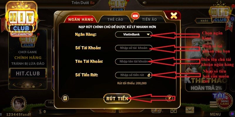 Hướng dẫn rút tiền Hitclub qua bank